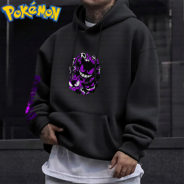 Pokemon Anime Gengar Cotton Hoodie Black Color Character Print with Full Body Purple Ghost Pattern Casual Streetwear