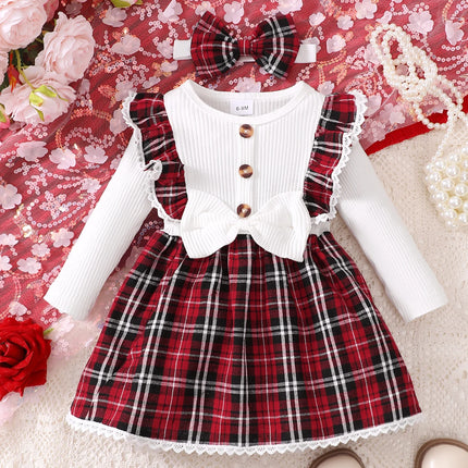 Baby girl's new fashionable plaid patchwork groove lace design bow dress and headband