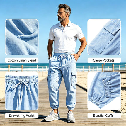 Men's Cotton Linen Blend Cargo Jogger Pants, Elastic Waist Drawstring Trousers with Side Pockets for Summer Casual Daily Outdoor