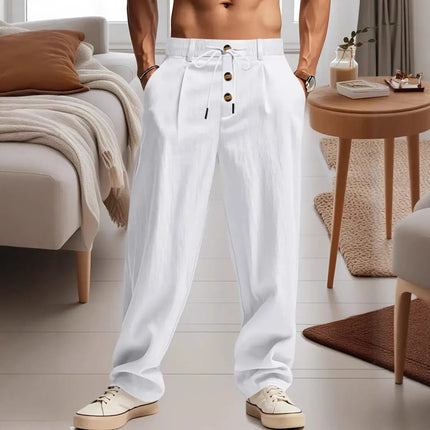 Men's Cotton Linen Long Pants Summer Solid Color Breathable Linen Trousers Male Casual Elastic Waist Casual Pants Harajuku Trous