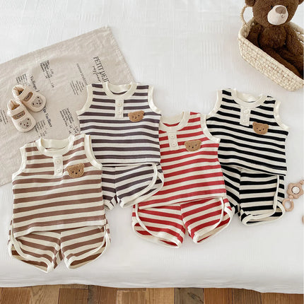 2024 New Summer Baby Stripe Clothes Set Girls Waffle Bear Sleeveless Top+Pants Toddler Infant Outwear 2PCS