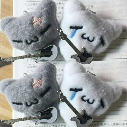 2pcs Cute Guitar Ghost Cat Couple Keychain Mini Crying Cat Doll Plush Keyring