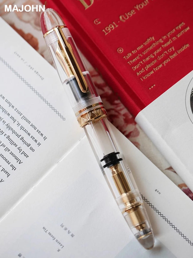 MAJOHN P140 Transparent Fountain Pen Sun Nib Metal Copper Piston Light Resin Body PK X159 9019 Stationery School Supplies