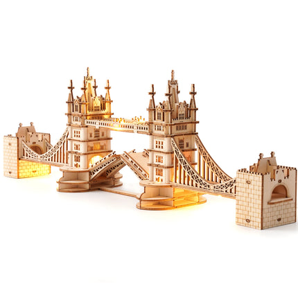 Rolife DIY Wooden 3D Puzzle Tower Bridge Model Building Kit Brain Teaser Puzzle Toy with LED Light for Home Decor Gift for Adult