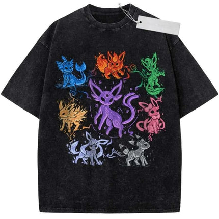 Oversize Vintage Washed Pokemon T Shirt Cute Mimikyu Cartoon with Small Ghost Companion Graffiti Print Streetwear Casual Wear