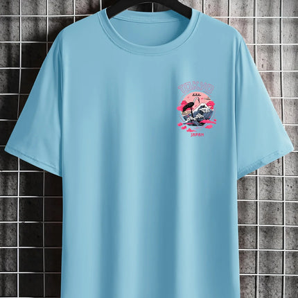 Men's Summer 100% Cotton Tokyo Casual Pattern Printed Fashionable Loose Round Neck Short Sleeve T-Shirt Top