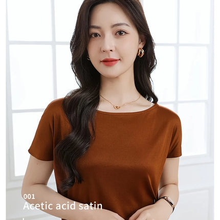 Summer women's short sleeved acetate fabric high-end knitted women's T-shirt thin European style hot selling women's T-shirt