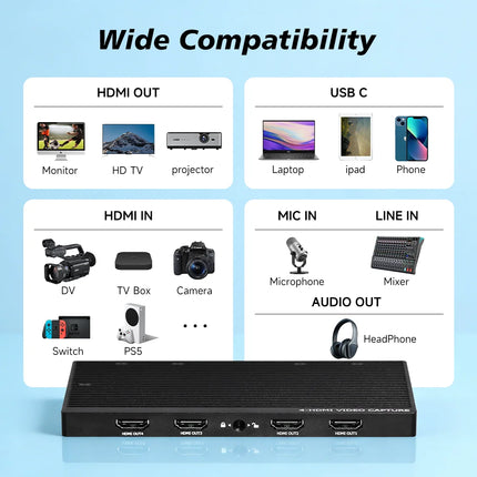 4 Channels 4K60 HDMI Capture Card 4 in 1 out UVC USB Video Capture Card with HDMI Loopout for Gaming And Streaming