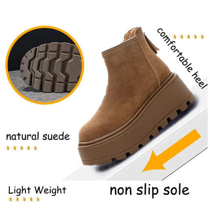 Fujin 7cm Suede Leather Snow Shoes Ankle Booties Platform Winter Boots Women Comfortable Non Slip Chelsea Boots Chunky Heel