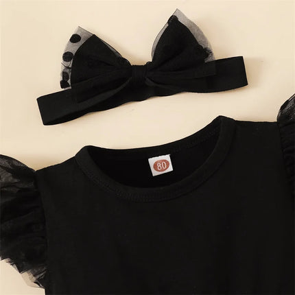 0-18months Baby Girls Romper Dress Dot Fly Sleeve Black Mesh Skirts Hem Jumpsuits For Infant Girl Summer Bodysuits With Headband