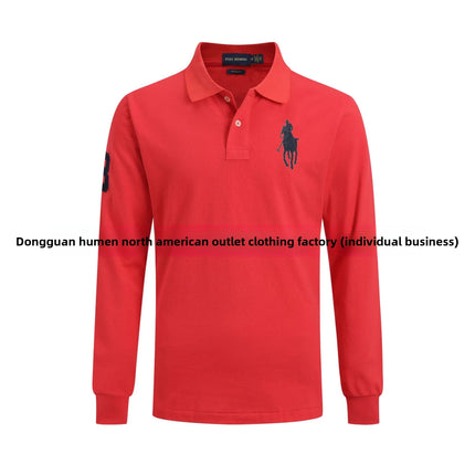 Long Sleeve Pure Cotton Polo Shirt Men's Embroidered Polo Neck T-Shirt Casual Spring Autumn British Style Loose Fit Solid Color