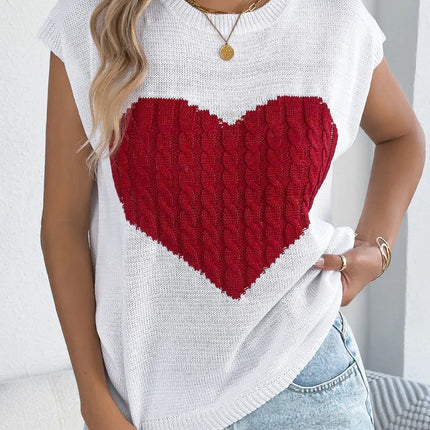 VigoCasey 2025 Summer Lady Love Patchwork Top Women O Neck Short Sleeve Knit Vest Female Casual Loose Pullover Tops Clothes