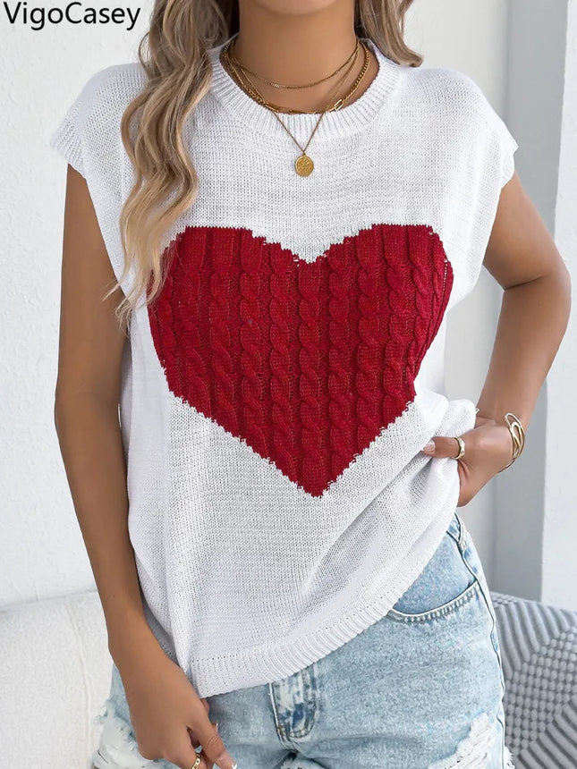 VigoCasey 2025 Summer Lady Love Patchwork Top Women O Neck Short Sleeve Knit Vest Female Casual Loose Pullover Tops Clothes