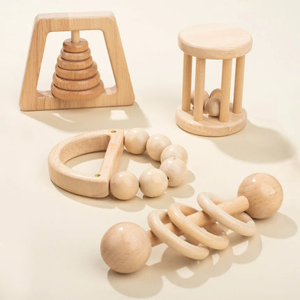 Montessori Wooden Toys Colorful Baby Rattle Set Safe Food Grade Wood Rattle Soother Bracelet  Set Toddler Toy Bell Gift
