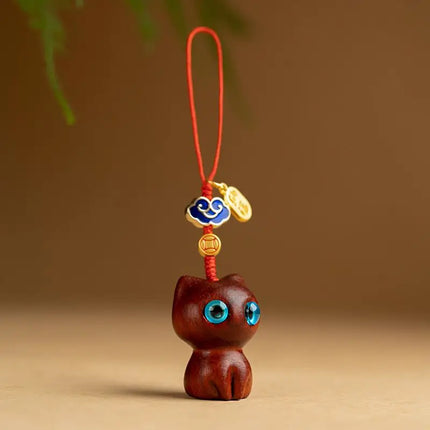 Sandalwood Wooden Cat Keychain Anime Cute Mobile Phone Chain Wooden Pendant Personality Creative Cute Accessories Hand-knitted