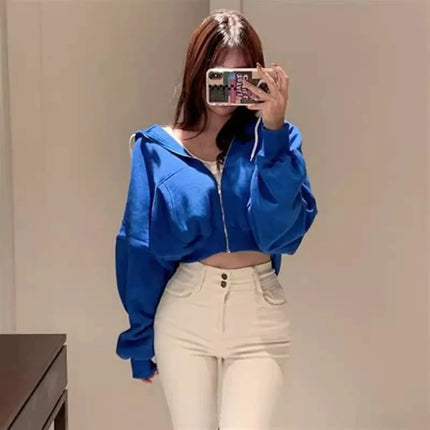 Autumn Winter Short Sweatshirt for Women Solid Hooded Sports Zipper Cropped Jacket Woman Fashion High Waist Loose-Fit Hoodies