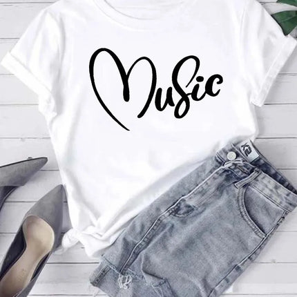 Fashion Women T Shirt Musical Note Printed T Shirt Casual Black Tops 90s Ladies Girls Tee Shirt Female Harajuku Graphic T-shirt