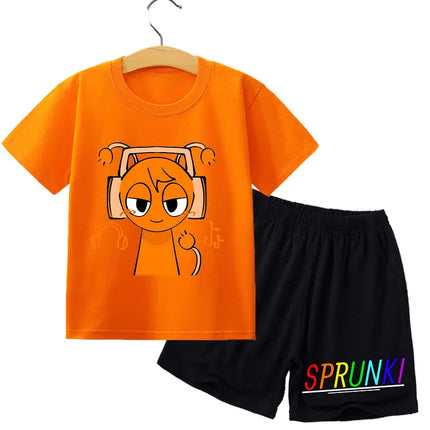 2pcs Sprunki T-shirt Shorts Set for Children Anime Cartoon Fashion Short Sleeved Shirt Pants Suit Boys Girls Summer Kawaii Suits