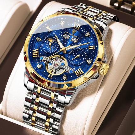 POEDAGAR Top Original Men Clock Automatic Mechanical Stainless Steel Men's Watches Calendar Hollow Tourbillon Man Watch Male+Box