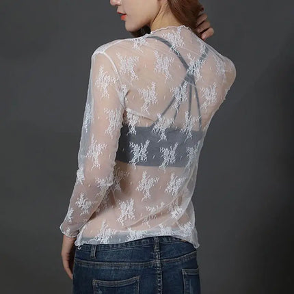 Women's Lace Bottom Blouse T-shirt Spring and Autumn Long Sleeve Mesh Crop Top Foreign Style Sexy Hollow Mesh Top High Neck 2024