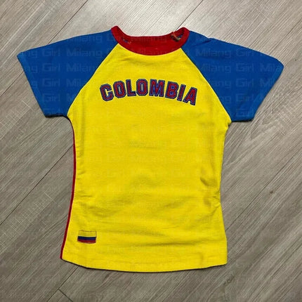 Y2K Aesthetics Colombia Print Punk Grunge Patchwork T-shirt Goth Streetwear Retro Casual Slim Women Short Sleeve Sexy Crop Top