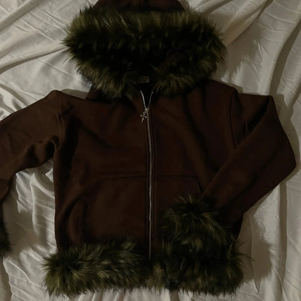 2026 New Arrival Women Faux Fur Trim Zip Up Hoodie Heather Grey Oversized Loose Fit Y2K Streetwear Casual Daily Wear