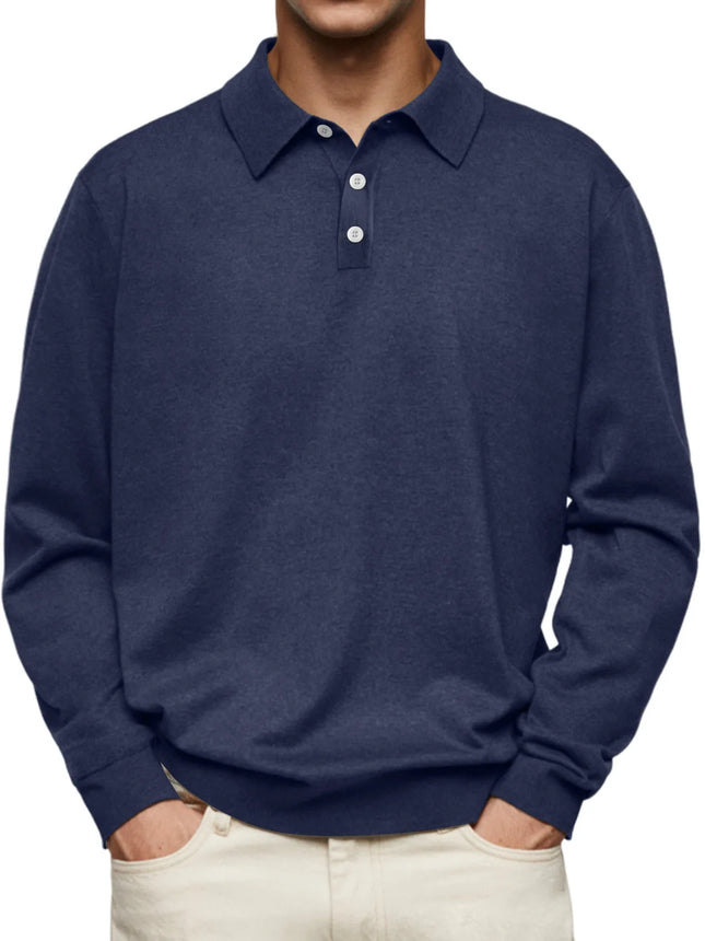 Casual Long Sleeve V-Neck Polo Shirt Men's Autumn Winter Fashion Independent Station Hit Button Leisure Top Polyester Fiber