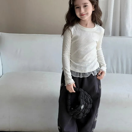 Girls Lace T-shirt 2024 Autumn New Slim Fit Girl Top Children Stylish Versatile High Elasticity Knitted Sweater