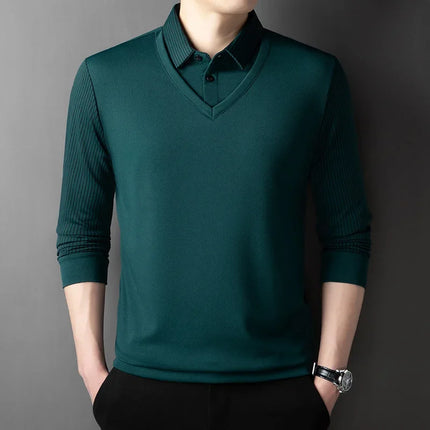Men's Casual Fashion Long Sleeve Solid Color Polo Shirt 2025 Business Versatile Top All Season Fake Two-Piece