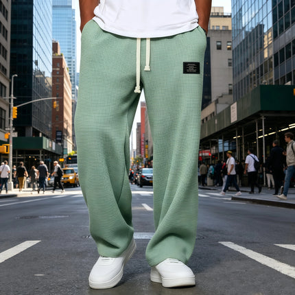 Men Breathable Waffle Knit Wide Leg Sweatpants Drawstring Label Decor Loose Straight Casual Street Sports Trousers