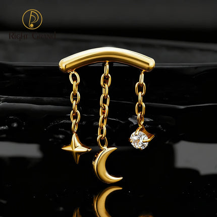Right Grand ASTM F136 Titanium Hidden Helix Chain Earring 16G Dainty Star Moon CZ Dangle Cartilage Stud Piercing Jewelry