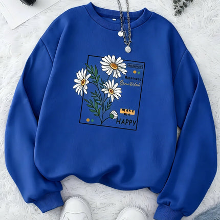 Women Daisy Floral Graphic Sweatshirt Girls Casual Crew Neck Pullover Oversized Soft Fleece Long Sleeve Trend Streetwear Y2K Top