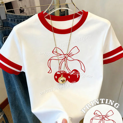 Women's Y2K Cherry Bow Graphic Printed T-shirt Round Neck Fashion Streetwear Top Summer Women's Casual T-shirt