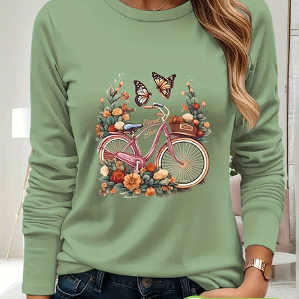 Women's Casual Long Sleeve T-Shirt Black Bicycle & Butterfly Floral Print 100% Cotton Round Neck Top for Spring/Summer