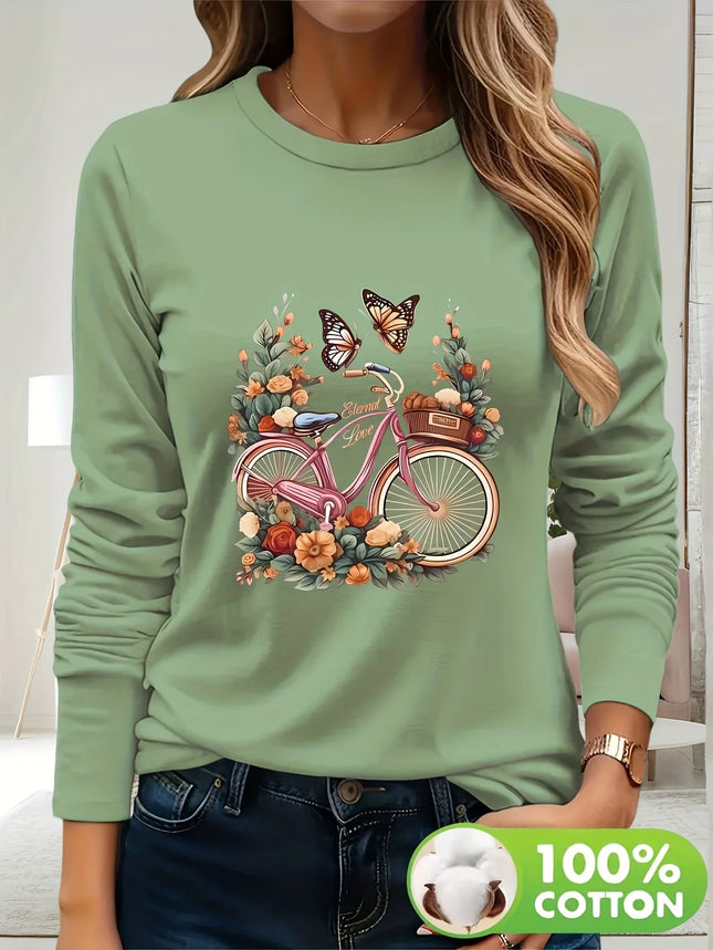 Women's Casual Long Sleeve T-Shirt Black Bicycle & Butterfly Floral Print 100% Cotton Round Neck Top for Spring/Summer