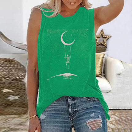Seeyoushy New Funny Skeleton Travel Around Space Print Women T-shirts Round Neck Loose Summer Tee Shirt Sleeveless 90s Tops