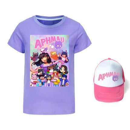 Anime Aphmau Tshit Kids Summer Clothes Baby Girls Cartoon T-Shirt + Sunhat 2pcs Set Boys Short Sleeve Casual Tops Children Tees