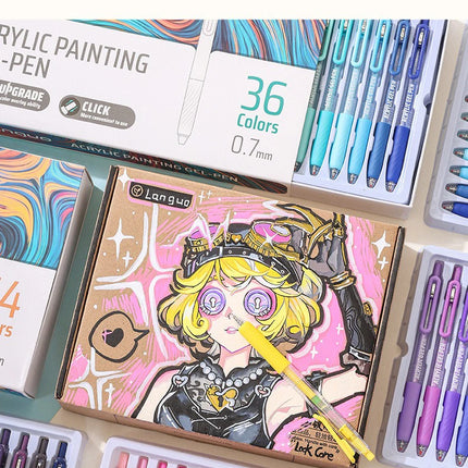 Languo Acrylic Painting Gel Pen Set 36/90 Colors Retractable 0.7mm Handbook Pen Multi-Color Student Writing Drawing Marker Pens