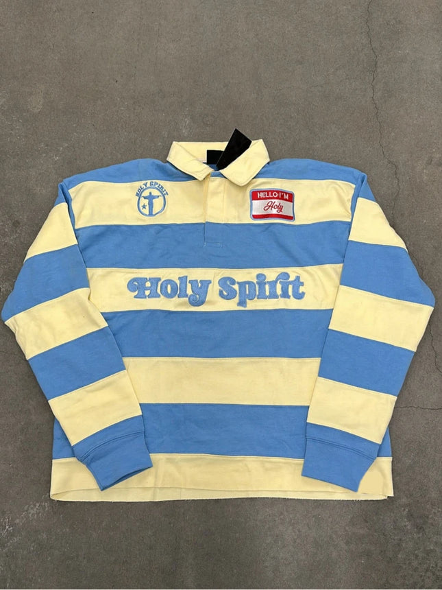 Unisex Red White Stripe Rugby Polo Long Sleeve Shirt, Holy Spirit Embroidery Patch Loose Vintage Y2K Streetwear Pullover Top
