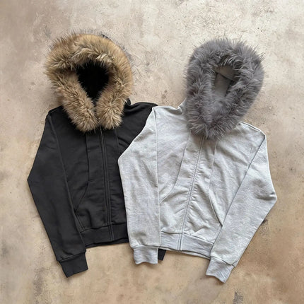 Faux Fur Trim Hooded Zip Up Jacket Men 2026 Black Oversized Y2K Streetwear