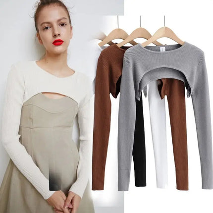 Women's Long Sleeve Crop Top T-shirts Spring Autumn Y2k Aesthetic Clothes O-neck Black White Sexy Harajuku Knitted Tshirt 2023
