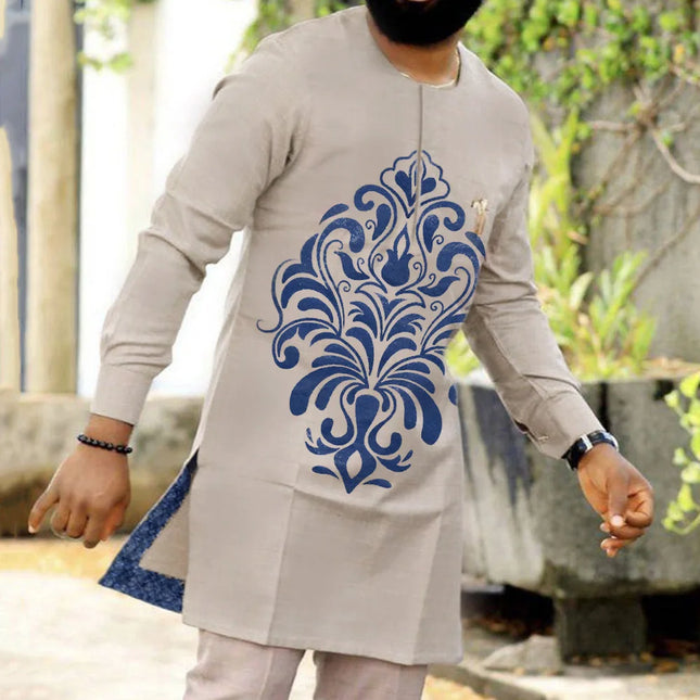 African Traditional Man Outfit Men 2PCS Suits Long-sleeved Round Neck Male Sets Shirt Top Pant Ethnic Style Casual Wear clothing