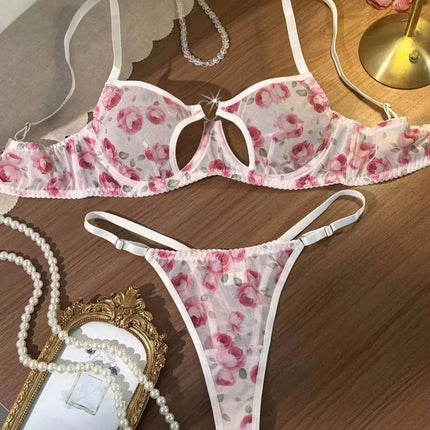 French Romantic Pink Rose Print Sheer Mesh Lingerie Set Heart Cutout Underwire Bra & Thong