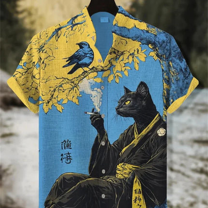 New Healing Style Linen Short Sleeved Shirt for Men, Retro Black Cat, Goldfish 3D Printed Casual Top Clothing