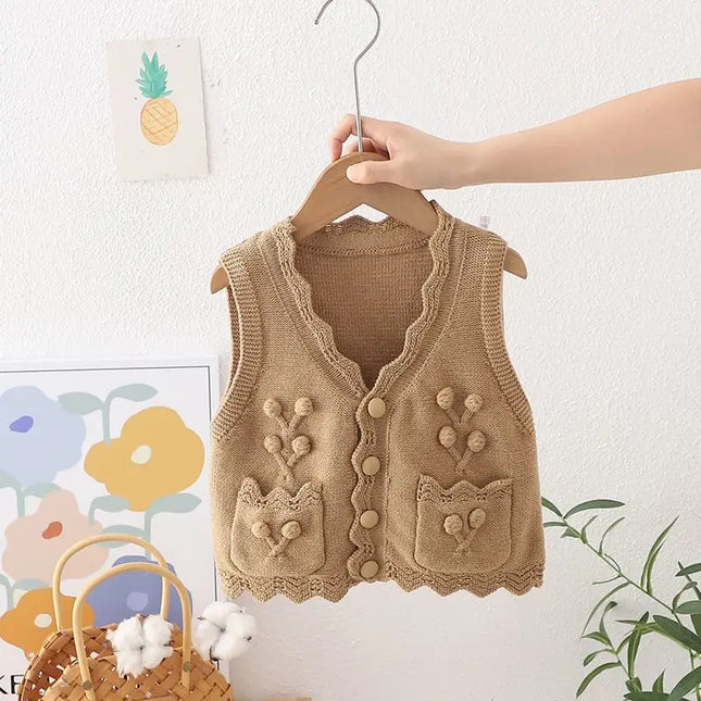 Kids Girls Embroidery Vest 2024 New Arrival Children Knitted Cardigan Autumn Winter Cotton Tops Pink Khaki Outwear Sweaters