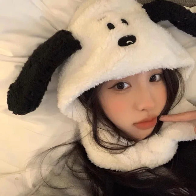 Snoopy Kawaii Plush Hat Women Girls Winter Autumn Headgear Peripheral Cute Creative Plush Scarf Fashion Wool Ear Hat Scarf Gift