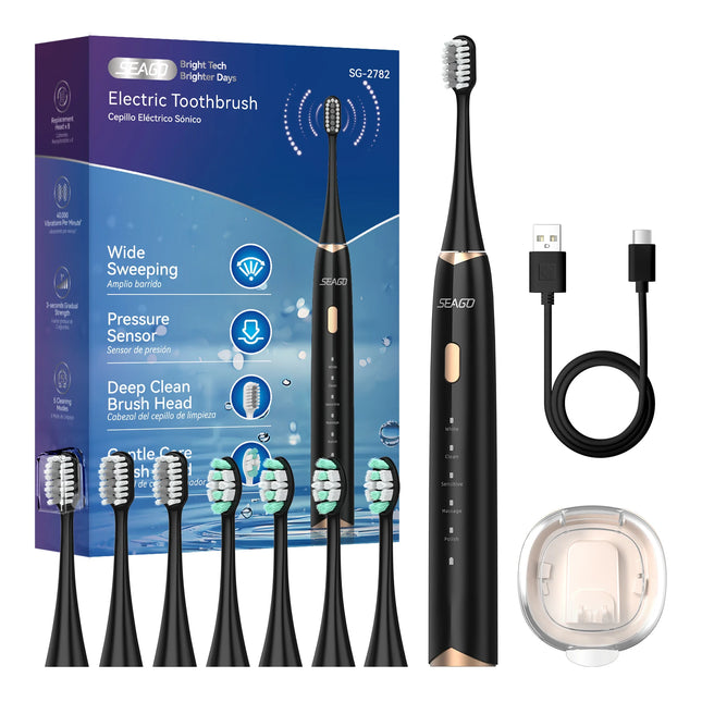 Seago Electric Toothbrush with 8 Replaceable Toothbrush Heads and Toothbrush Holder Pressure Sensor 5 Modes Smart Timer SG-2782