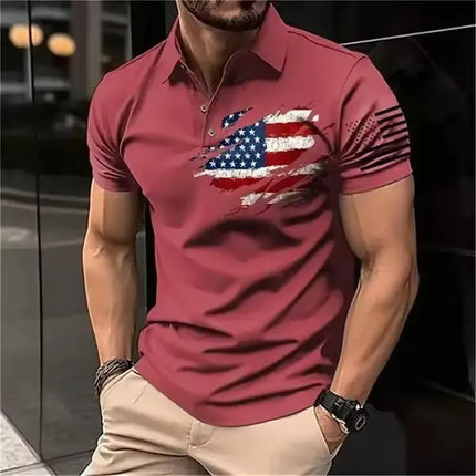 Men's Polo Shirt 3D American Flag Printed Men's Loose Street Casual Short Sleeve Top