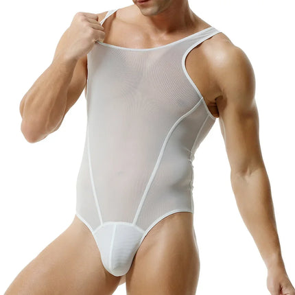 Men Sexy Bodysuits Gym Fitness Muscle Vest Fashion Sleeveless Soft Mesh Tank See Through Rompers Jumpsuits See Through T-shirts