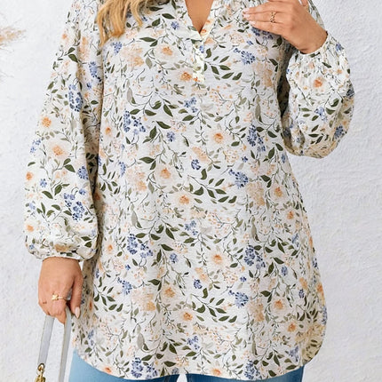 Women's Plus Size Floral Print V-Neck Long Sleeve Loose Top